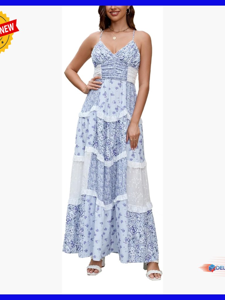 Floral Patchwork Maxi Dress V Neck Sleeveless Cross Back Tiered Sundress